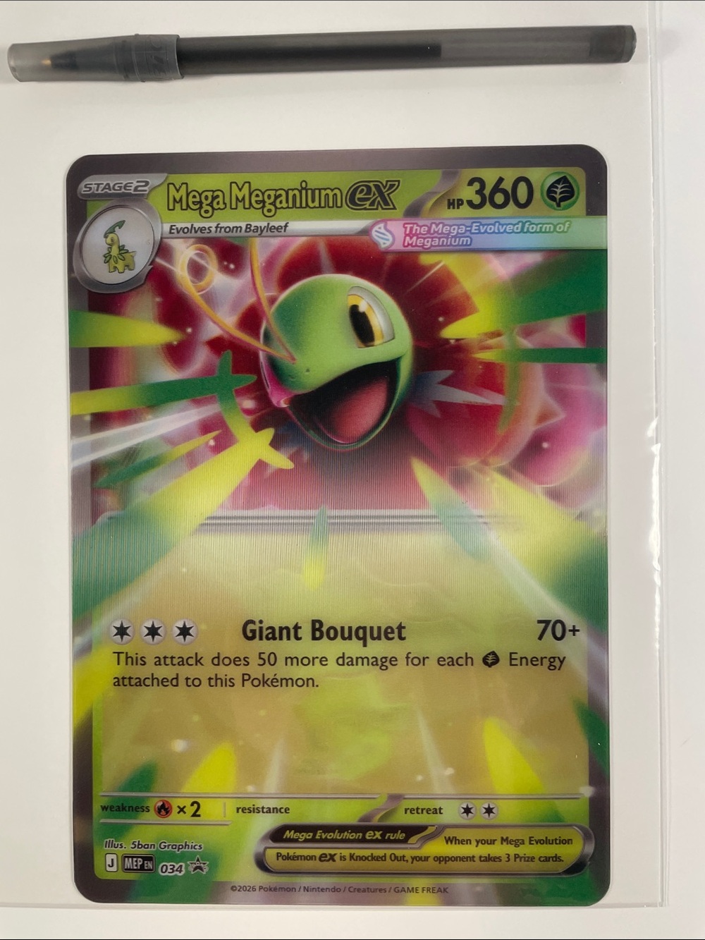 Jumbo Lenticular Pokemon Mega Meganium ex Green and Yellow Holographic Card